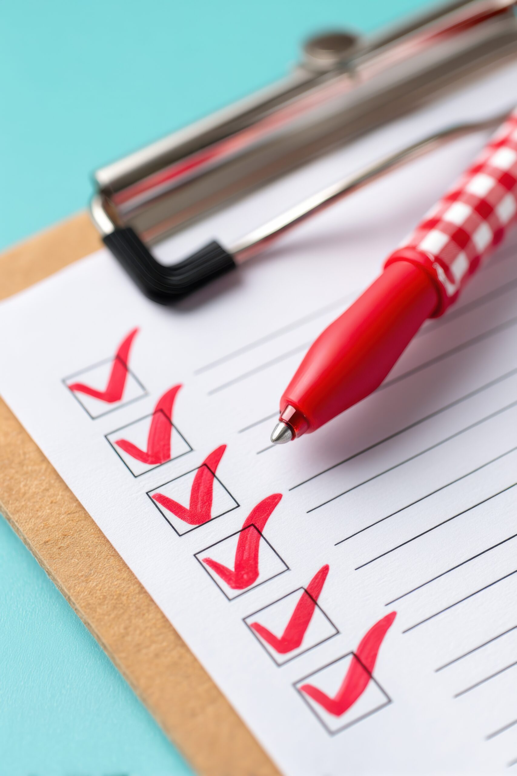 Red pen checking off tasks on checklist on clipboard, business organization and planning concept