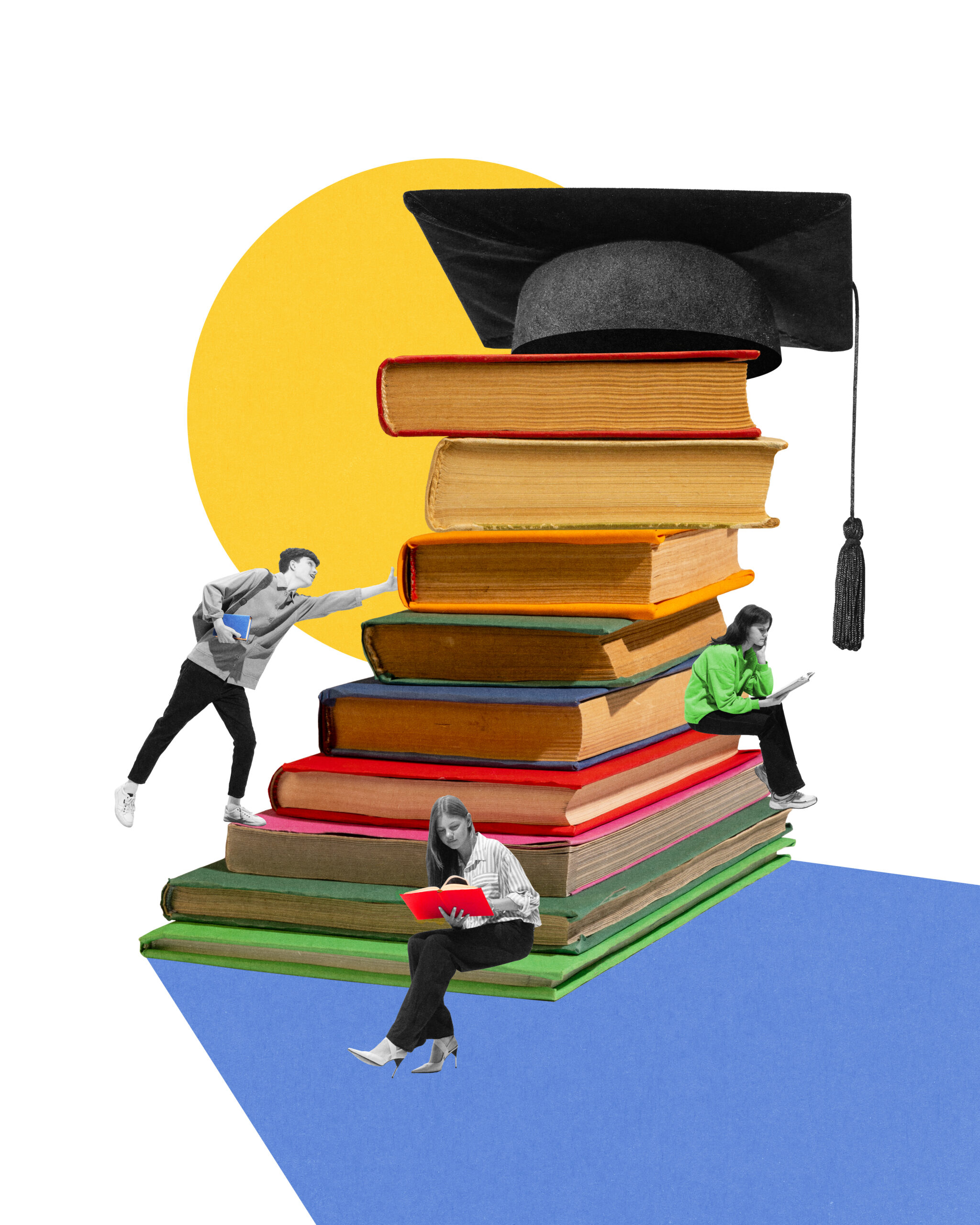 Students studying near massive stack of books crowned by graduation cap, preparing for finals. Contemporary art collage