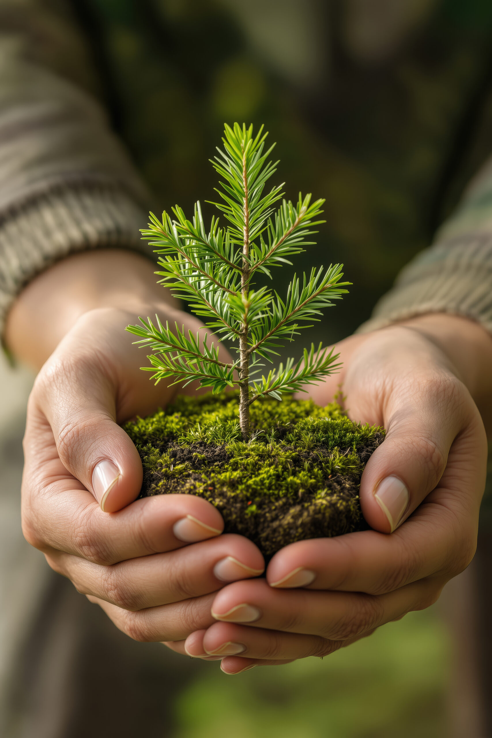 Hands holding a small conifer, symbolizing reforestation, eco care and environmental awareness. Perfect for green campaigns, ecological education, nature conservation, and climate action projects.